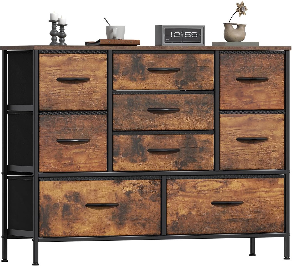 Industriële ladekast - 9 stoffen lades - Rustieke houtlook en zwart - Voor slaapkamer en woonkamer - Verstelbare voeten - 100 x 30 x 76 cm