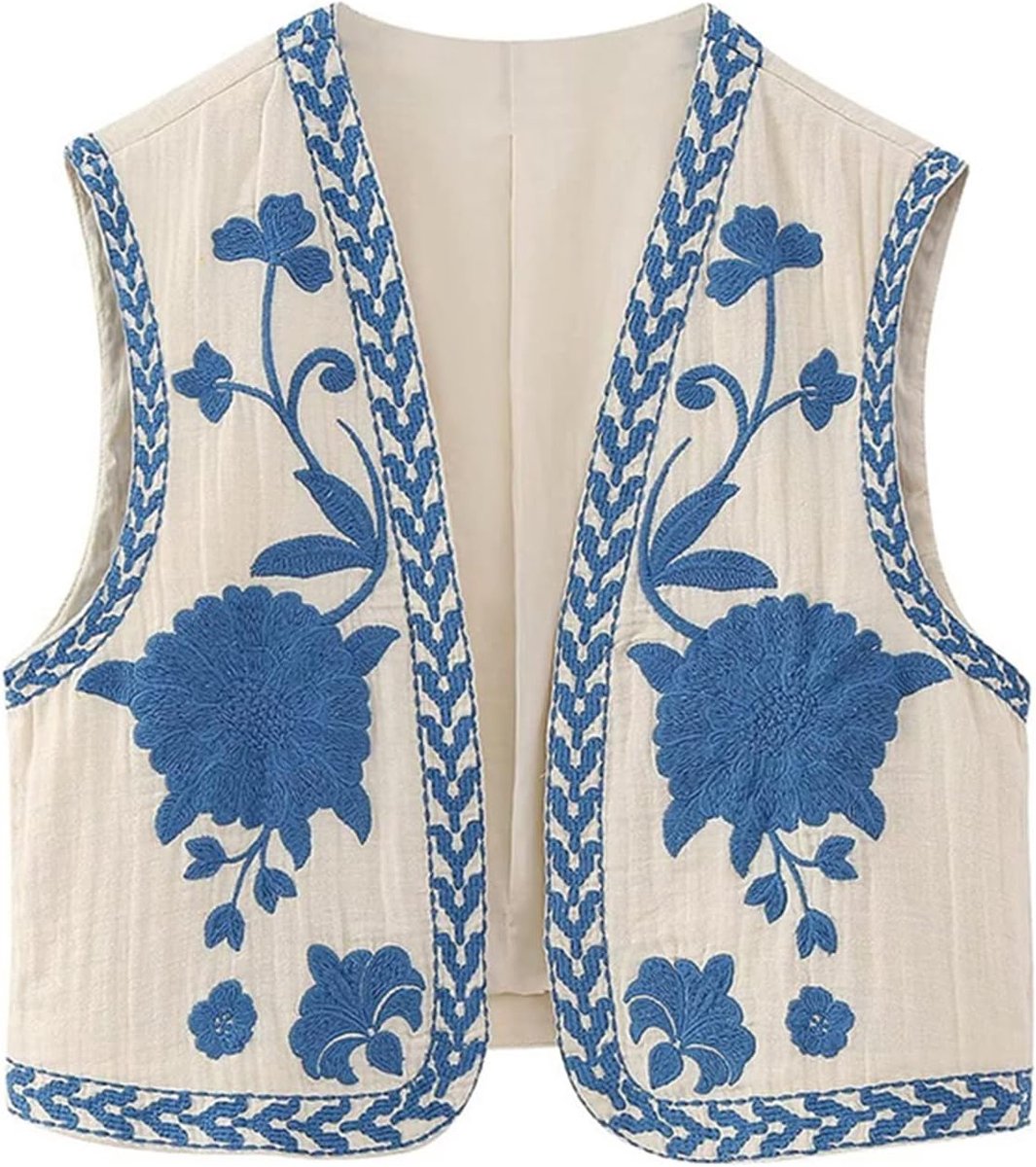 Zomervest voor dames, met bloemenborduurwerk, mouwloos, geborduurd, bloemen, retro, vintage