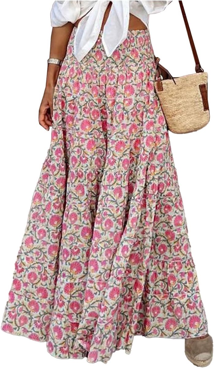 Maxirok voor dames, bedrukt, hoge taille, elastisch, casual, boho, bloemen, jurk, mouwloos, 2 in 1 rok