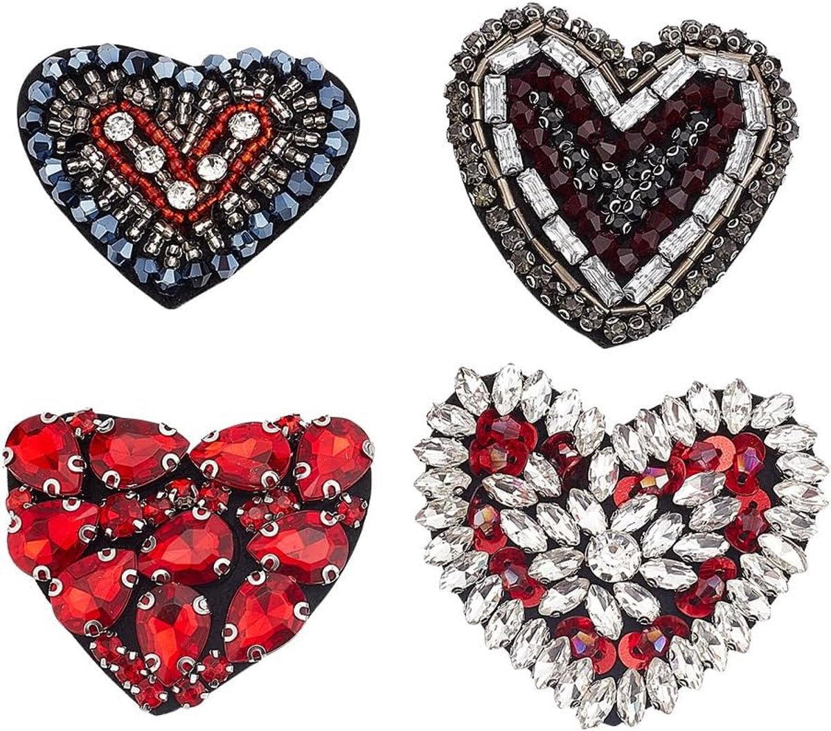 4 Stuks Hart Kralen Patch Naaien Kristal Hart Geborduurde Patches 4 Stijlen Liefde Grote Strass Kralen Applique Voor Diy Kleding Jeans Handtassen Rugzakken Jas Schoenen Hoed Decor