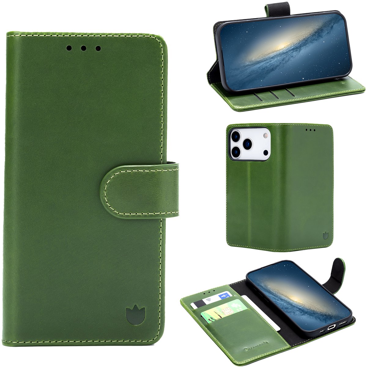 Casemania Echt Leren Hoesje Geschikt voor Apple iPhone 18 Pro Max - Olive Green - Leer Book Cover - Portemonnee Telefoonhoesje met Pasjeshouder