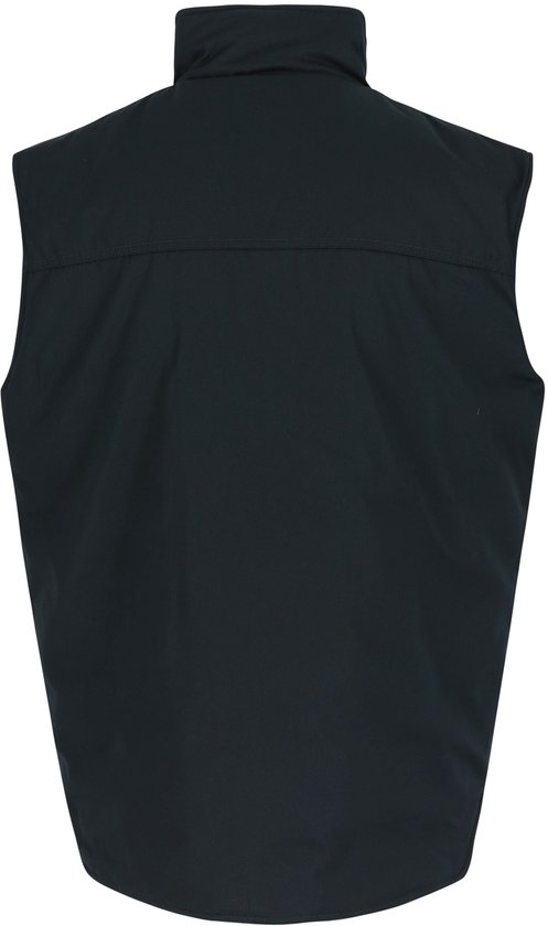 Zwarte bodywarmer, achterkant zichtbaar, hoge kraag, lange rug.