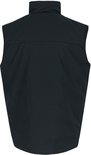 Zwarte bodywarmer, achterkant zichtbaar, hoge kraag, lange rug.