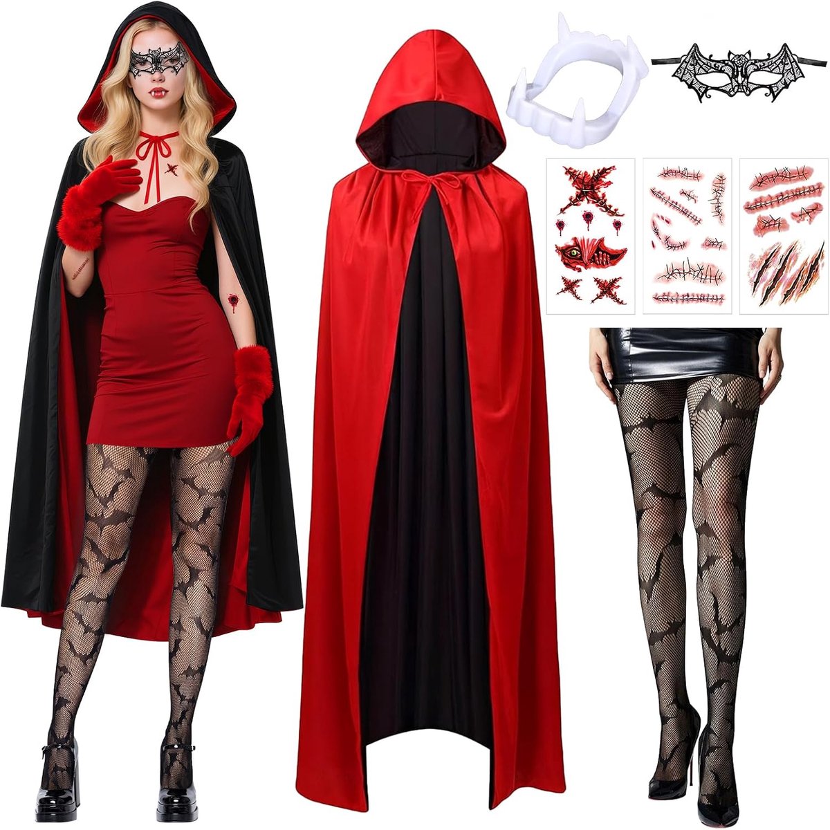 Vampierkostuum voor dames en heren, Halloween, duivelkostuum met capuchon, panty, littekenstickers, zwart-rood, dubbelzijdige vampiercape, volwassenen, voor cosplay carnaval