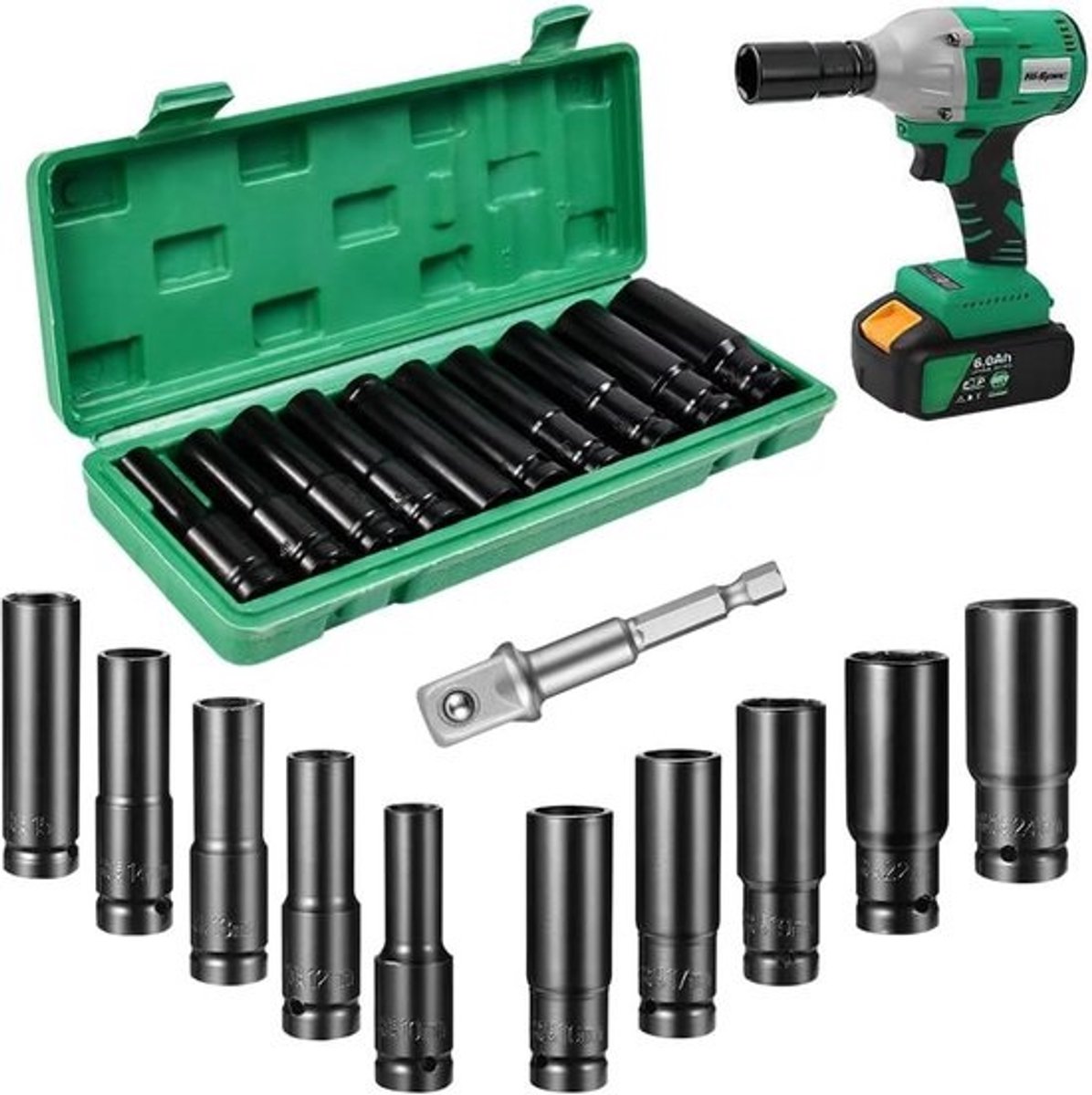 11-delige Dopsleutelset voor Slagmoersleutel - 1/2 inch, Metrische Maten, Gereedschapsset voor Auto- en Bandenservice