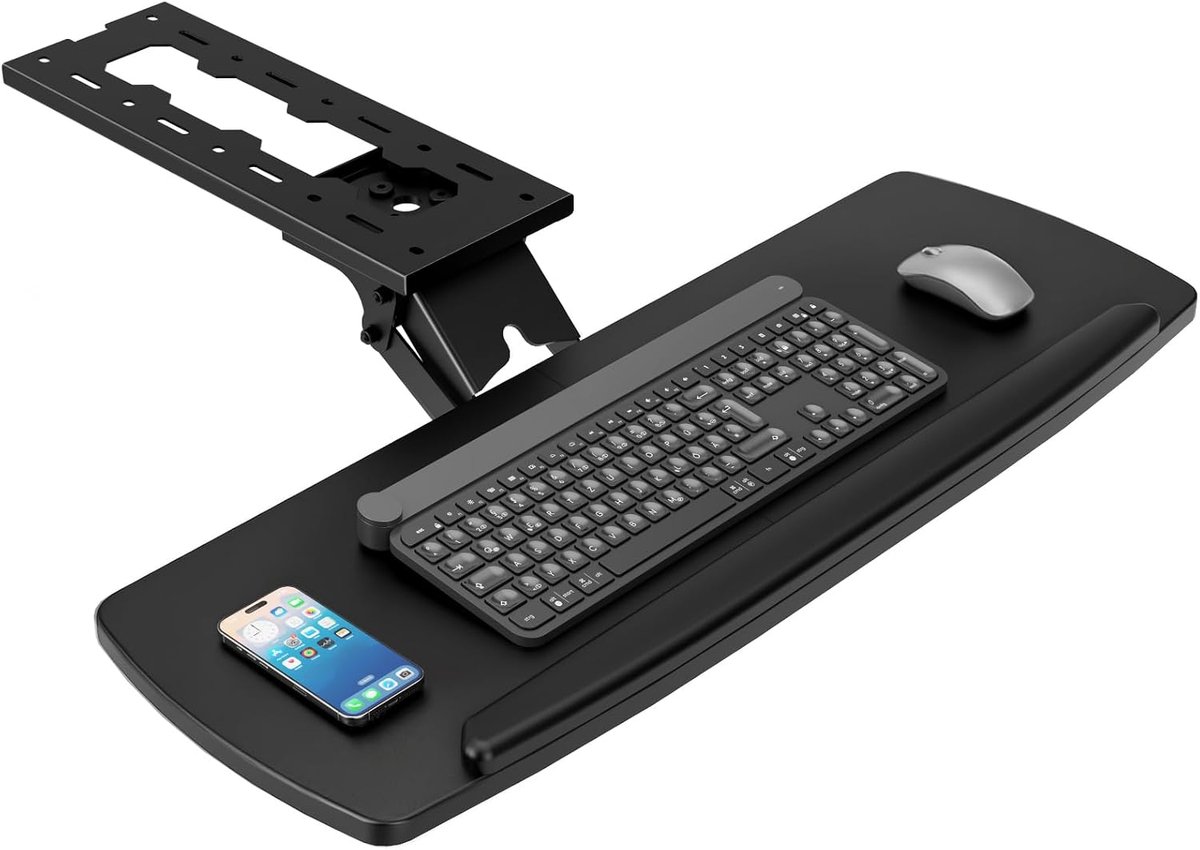 Onderbureau toetsenbordlade met lade, hoogteverstelbaar, uitschuifbaar, 360° draaibaar, ergonomisch voor toetsenbord en muis, gaming & thuiswerken, 28'' x 11''AX02WB02