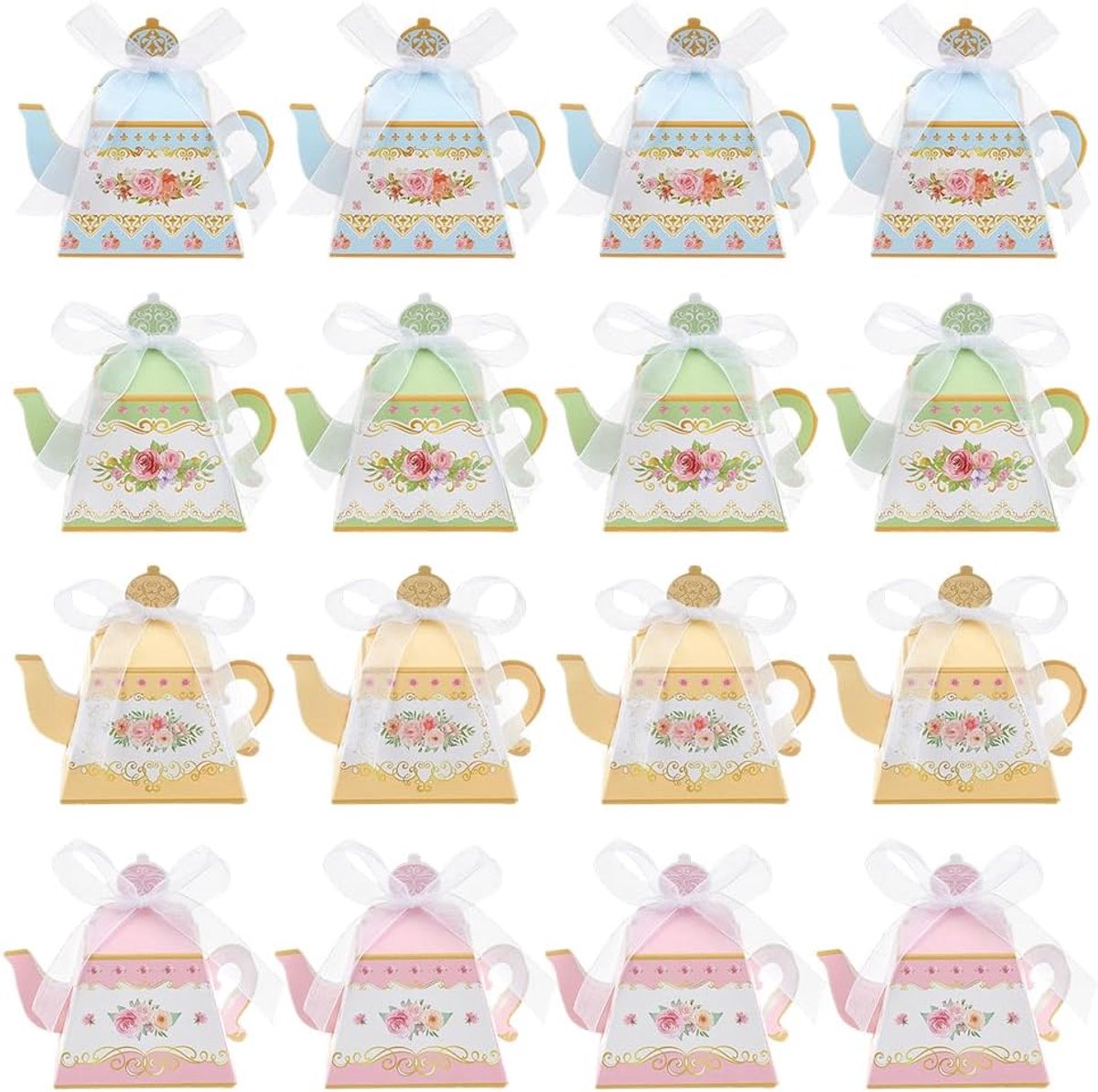 32 stuks 4 kleuren bloemen theeparty gastgeschenkdozen, theepotten, snoepdozen, vintage theepotten, papieren doos met strik, felicitatiezakjes voor bruiloft, verjaardag, babyshower