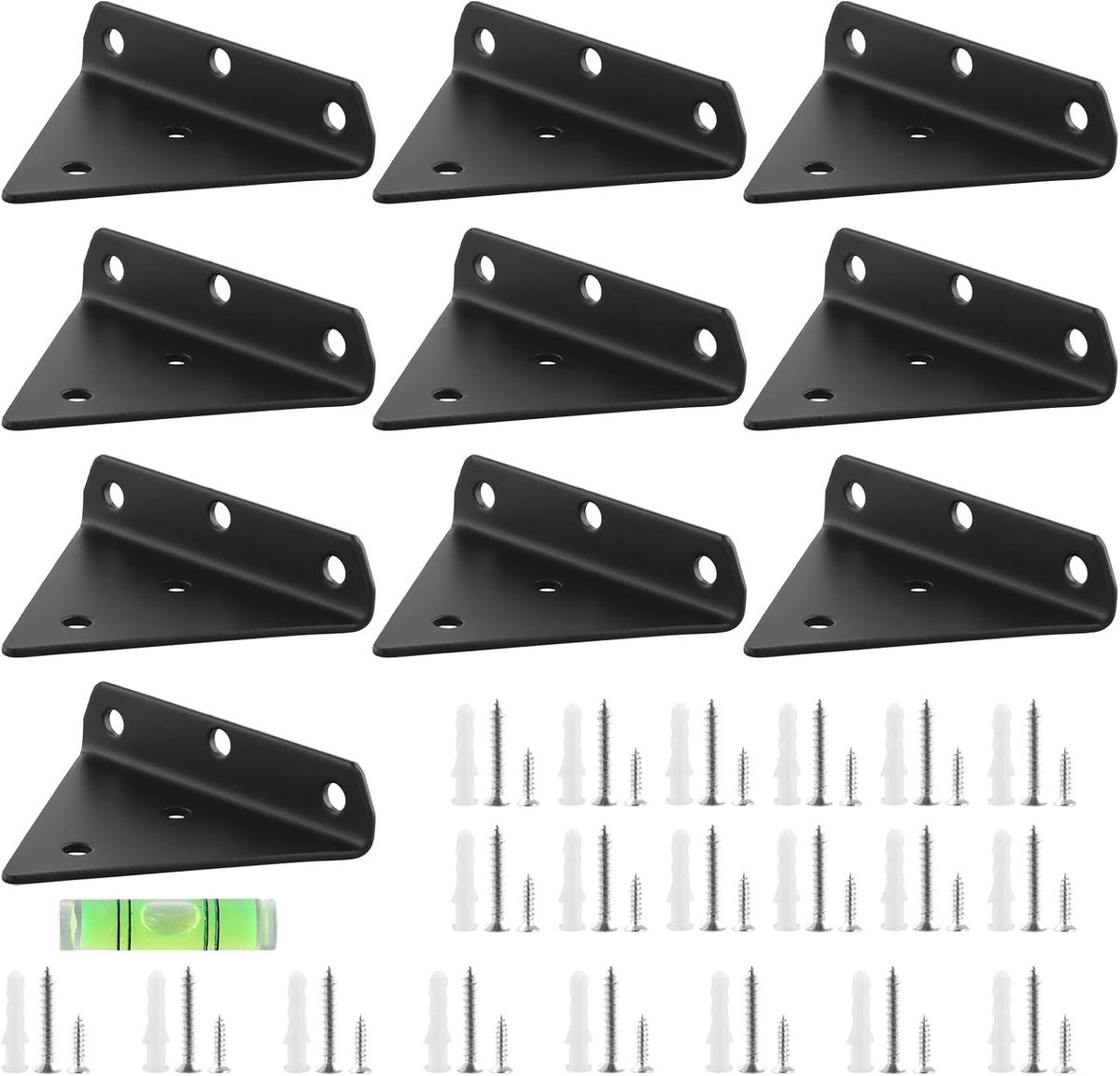 Set van 10 Driehoekige Plankhouders, 80 x 100 mm, Zwart Metaal, Wandmontage, Voor Floating Shelves en Hoekplanken