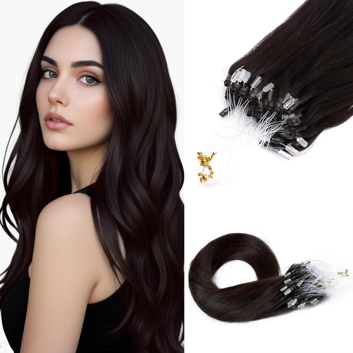 Microring Haar Extensies Natuurlijk Haar, 35cm 50g (1g/lok) Mensenhaar Micro Loop Hair Extensions Lis Koude #02 Donkerbruin