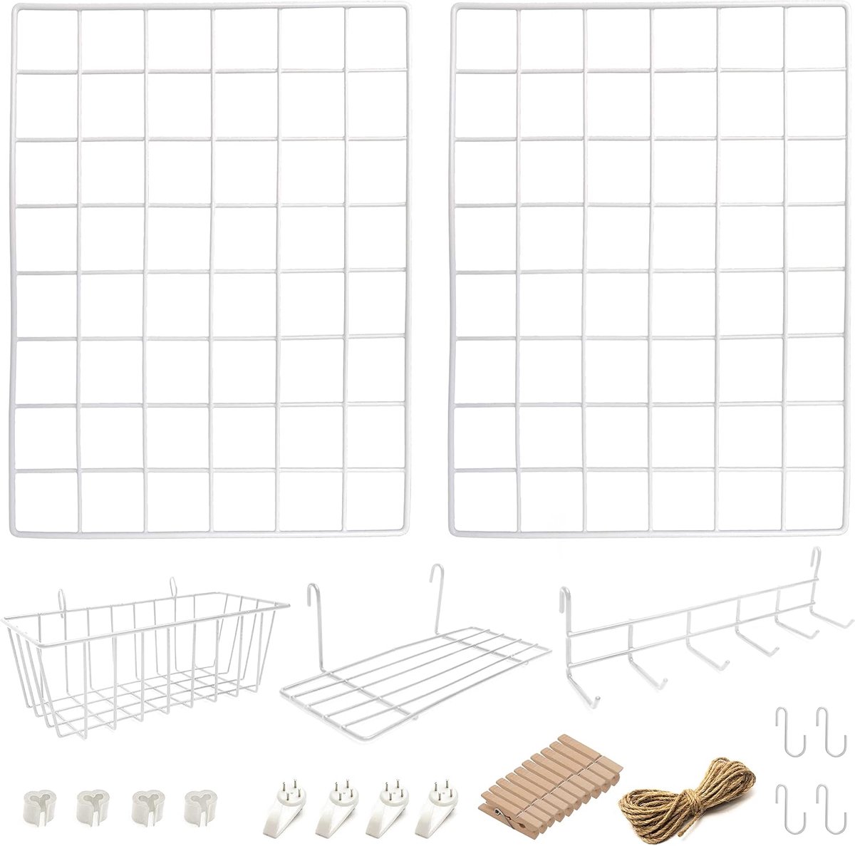2-Pack Wandrek Met Accessoires | Inclusief Mand, Rekje en Ophangrek | Complete Set | Fotorek & Memobord | Voor Studentenkamer, Keuken, Gang, Woonkamer, Studeerkamer, Badkamer, WC