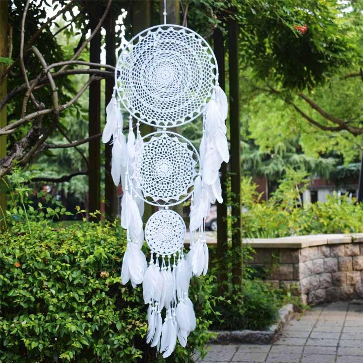 Grote dromenvanger in boho-stijl, met 3 cirkels, witte veren, macramé, wandbehang voor vintage bruiloft of woondecoratie, 35 cm cirkel, 110 cm lang