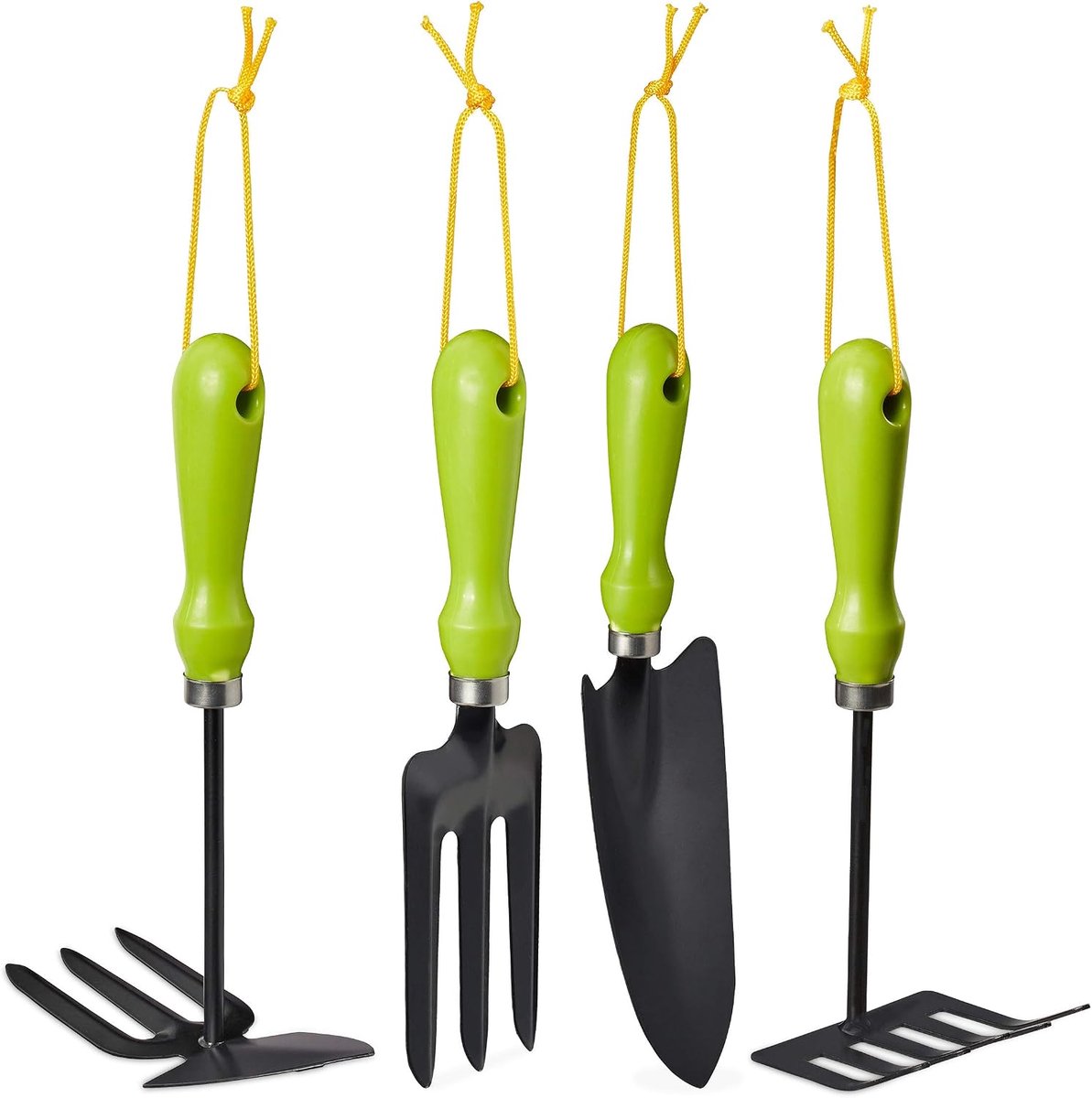 Set, 4-delig, bloemenschep, handhark, rooivork & schoffel, van ijzer, met ophangoogje, groen