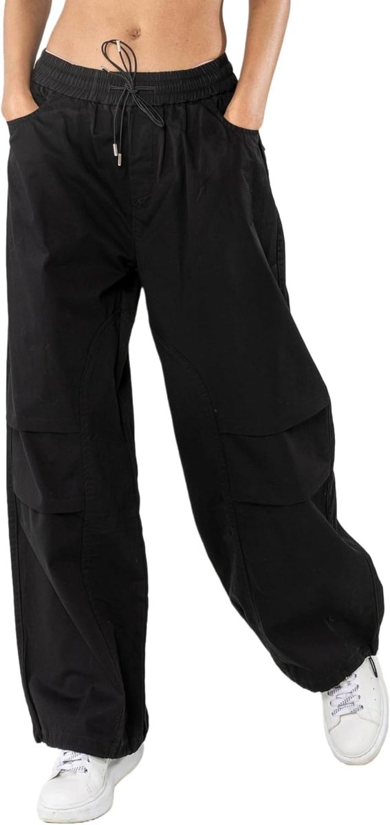 Carter YY306 Cargobroek voor dames, wijd gesneden, hoge taille, trekkoord, plissé op de knieën, verstelbare broekspijpen, streetwear stijl