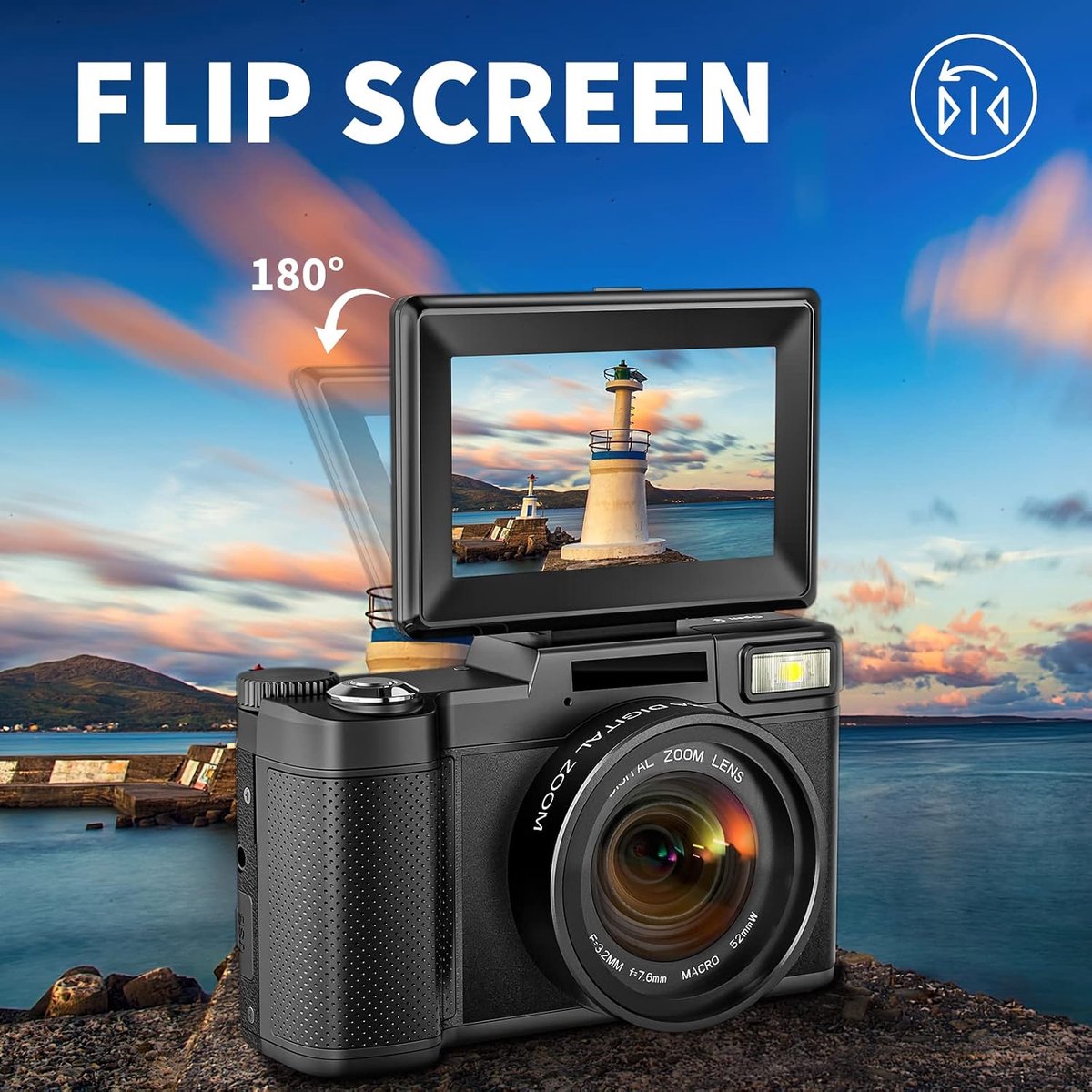 Camera 4K 48MP Vlogging Camera voor YouTube 16X Digitale Zoom met Macro Functie &Liftable Flash, Compacte Camera voor Fotografie 3 '' 180° Flip Scherm, 32 GB TF-kaart, 2 Batterijen thumbnail 4