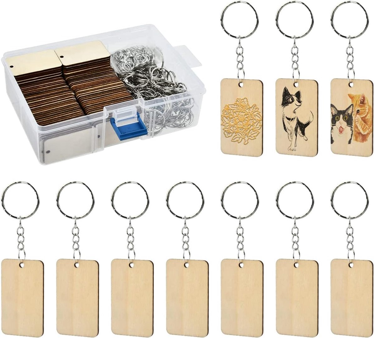 100 stuks houten schijven 5 x 3 cm met gat en 100 stuks sleutelhangers, houten sleutelhangers om te beschilderen, houten hangers voor doe-het-zelf knutselwerk, sleutelhangers, blanco houten schijven voor kerstdecoratie