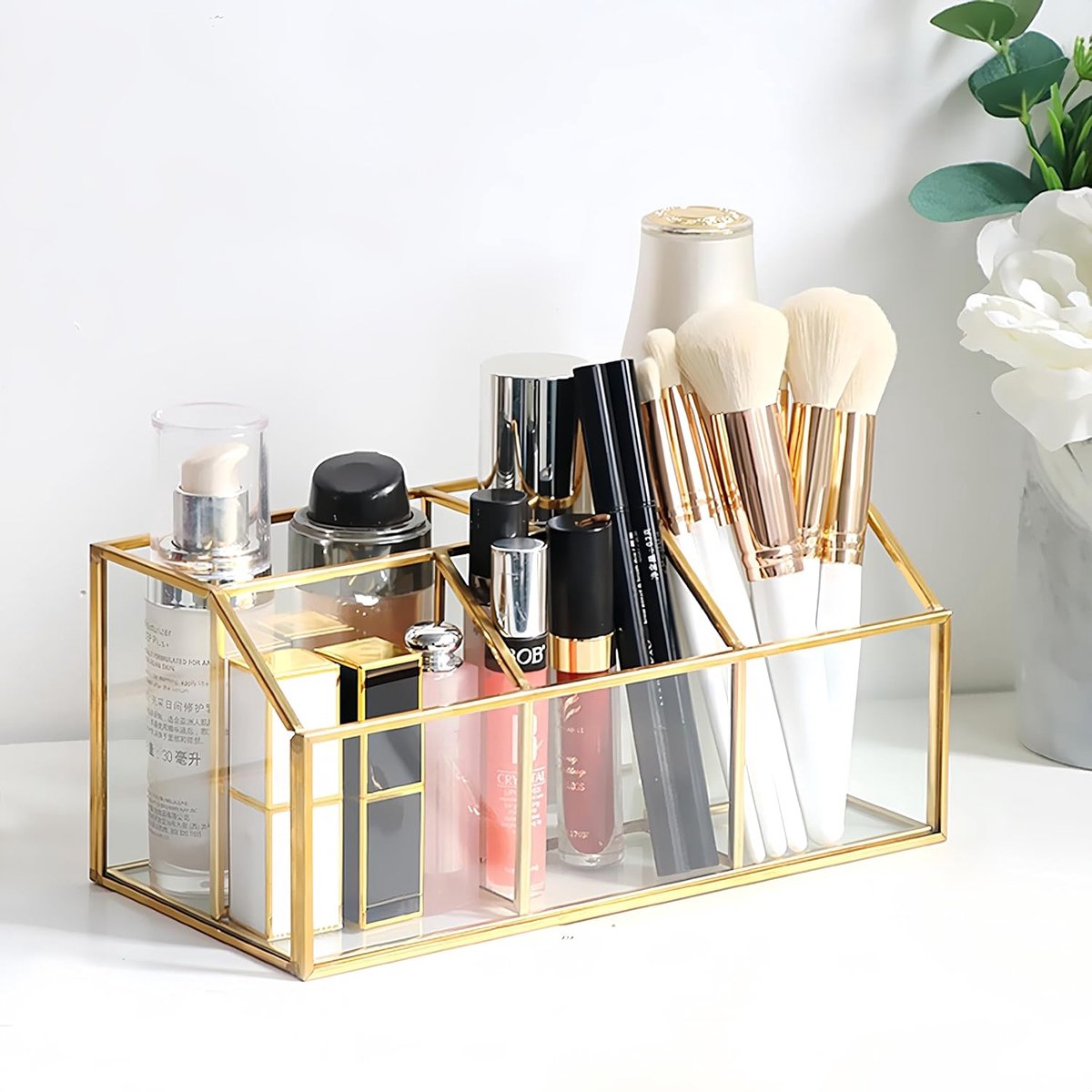 Make-up-organizer goud, cosmetica-organizer, make-upkwastenhouder glas, 5 vakken vintage cosmetica-organizer, cosmetica-opbergdoos, beauty-organizer
