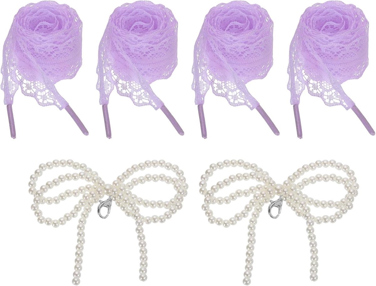 2 paar veters voor platte schoenen, breedte 2,6 cm, lengte 120 cm, elegante veters met parelstrik, voor damesschoenen, sneakers en elegante schoenen, kleur paars