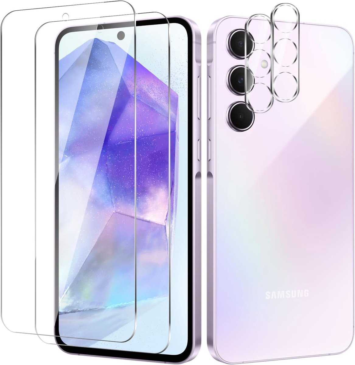 2 stuks voor Samsung Galaxy A55 gehard glas beschermfolie + cameralens bescherming, gehard glas HD-beschermfolie, hardheid 9H, krasbestendig