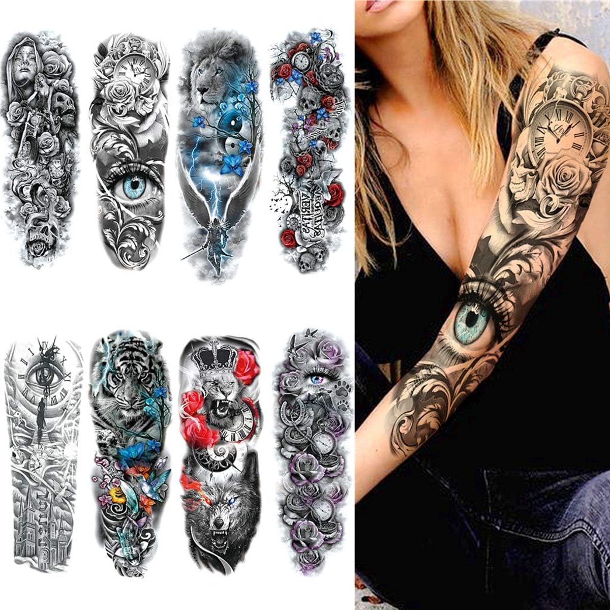 Tijdelijke tatoeages, 8 vellen volledige arm, extra grote zelfklevende stickers, dieren, voor mannen en vrouwen