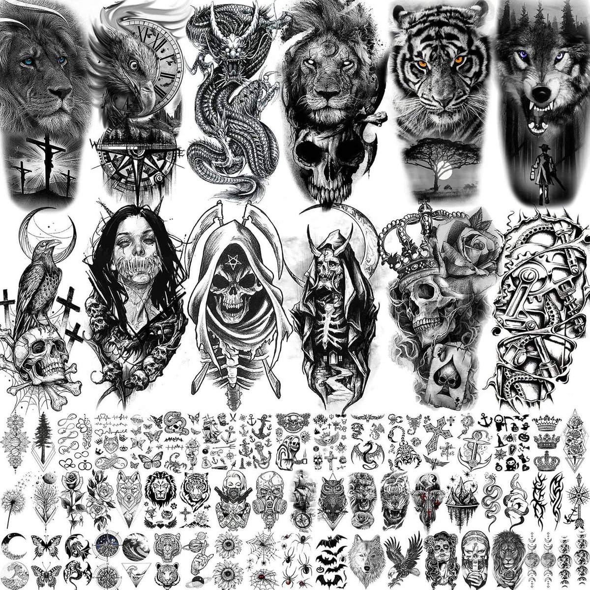 66 vellen zwarte draak adelaar Halloween tijdelijke tatoeages heren vrouwen vampier tijger leeuw griezelige duivel doodskop nep tatoeages, 3D wolf grote halve mouw kleeftatoeages volwassenen onderarm