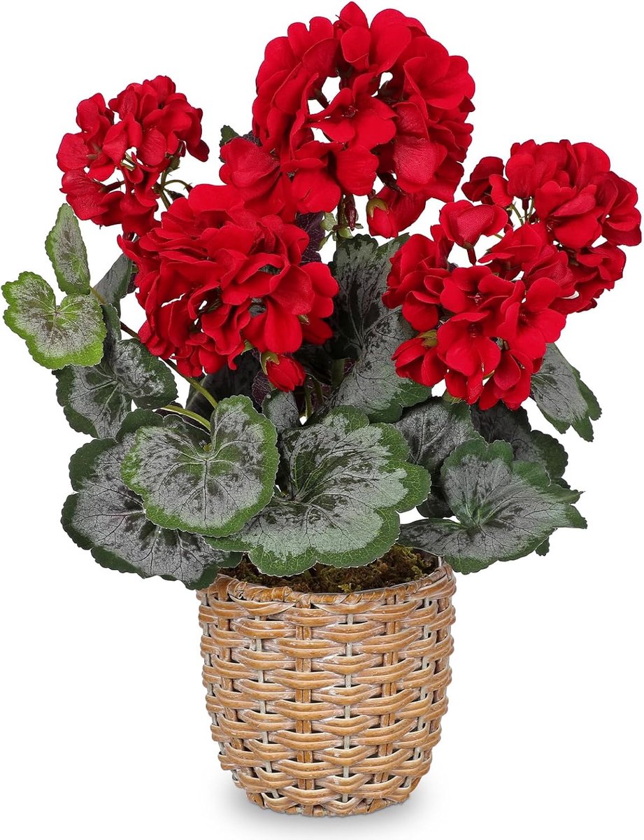 Kunstmatige rode geraniumplant van 37 cm in geweven pot, realistische zijden bloemen in rustieke mand, binnen en buiten, kunstmatig bloemstuk voor thuis, balkon, tafel, woonkamerdecoratie