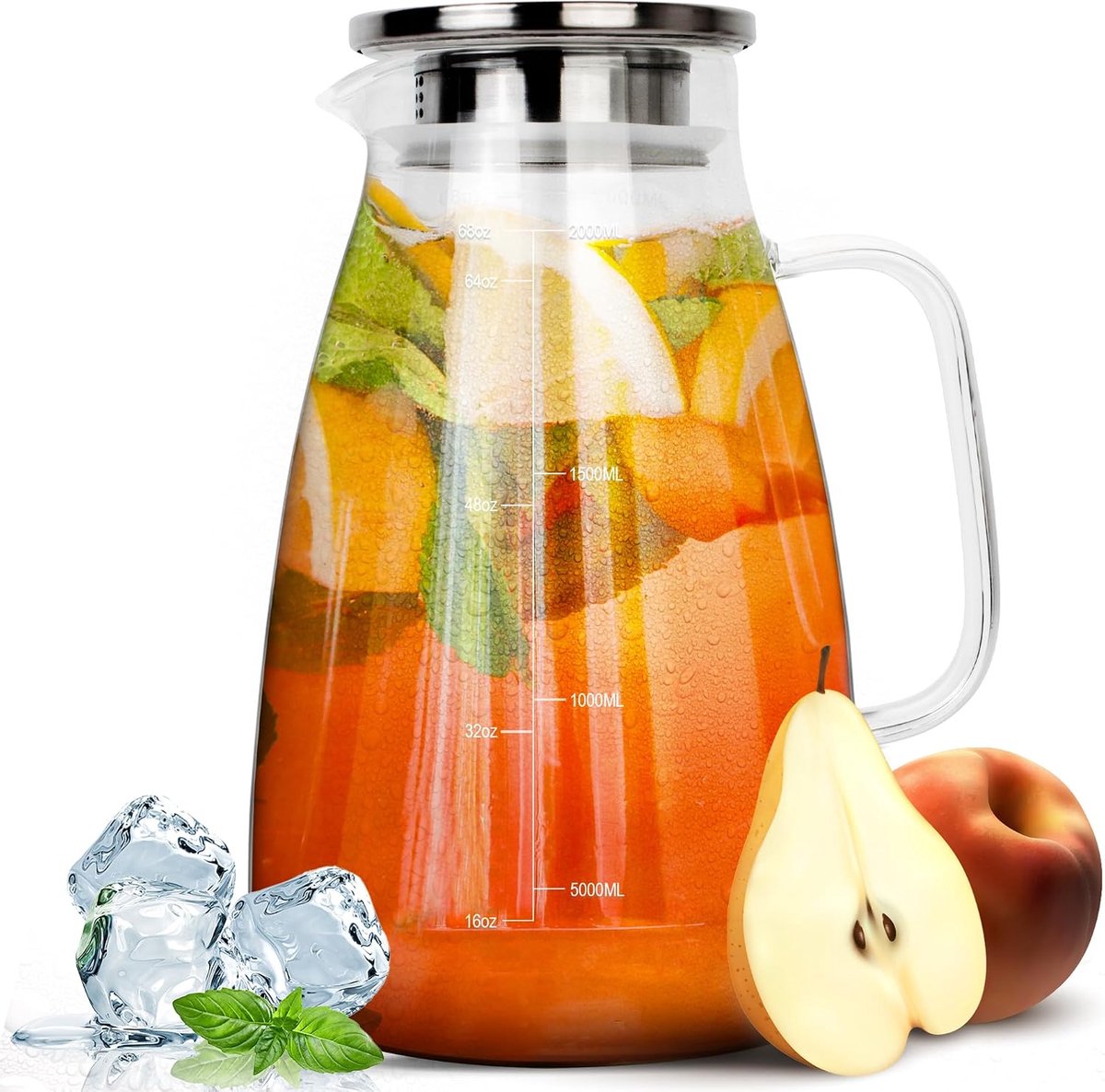 2 Liter Glazen Kan met Deksel - Waterkaraf Gemaakt van Hittebestendig Borosilicaat, Glazen Kruik voor Ijsthee, Sap, Melk, Sangria, Koffie, Warme of Koude Dranken - ﻿Waterkan 2L