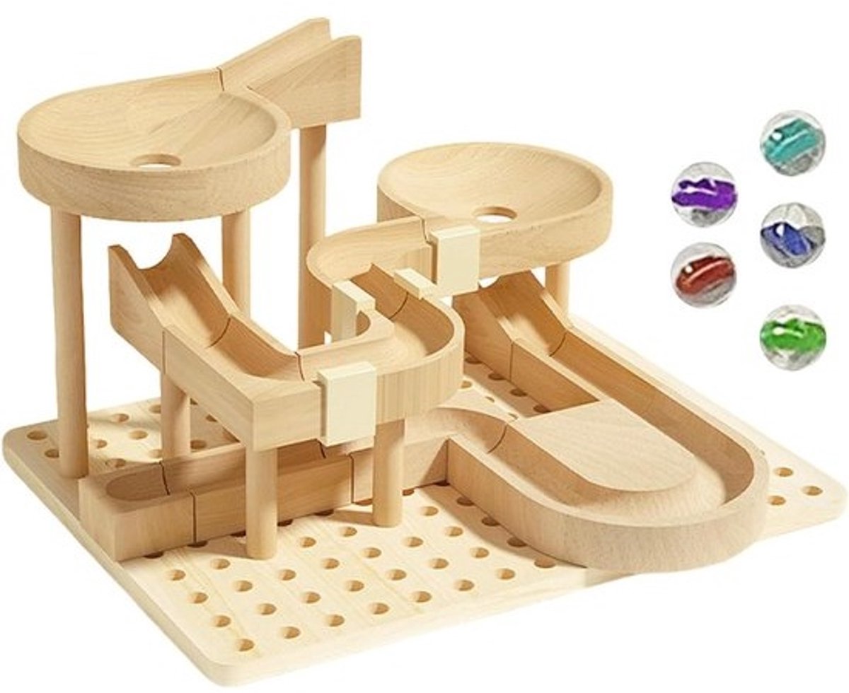 Houten Knikkerbaan - Bouwstenen Doolhof - STEM Leren - Modulair Ontwerp - 252 x 175 x 63 cm - Houtkleur