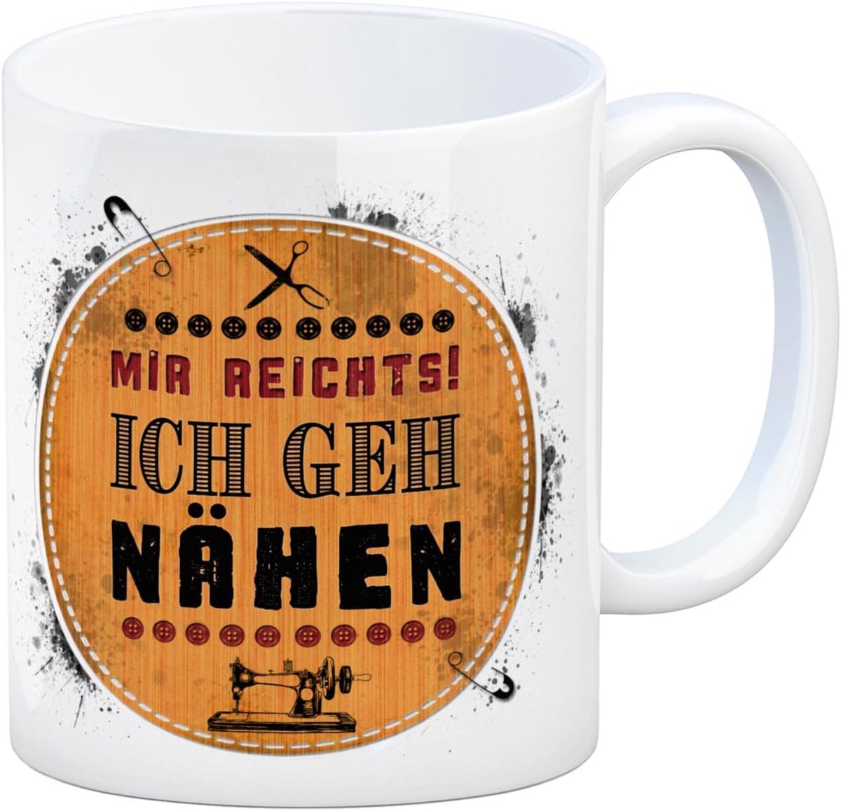 Koffiemok met spreuk: mij reichts. Ik kom naaien