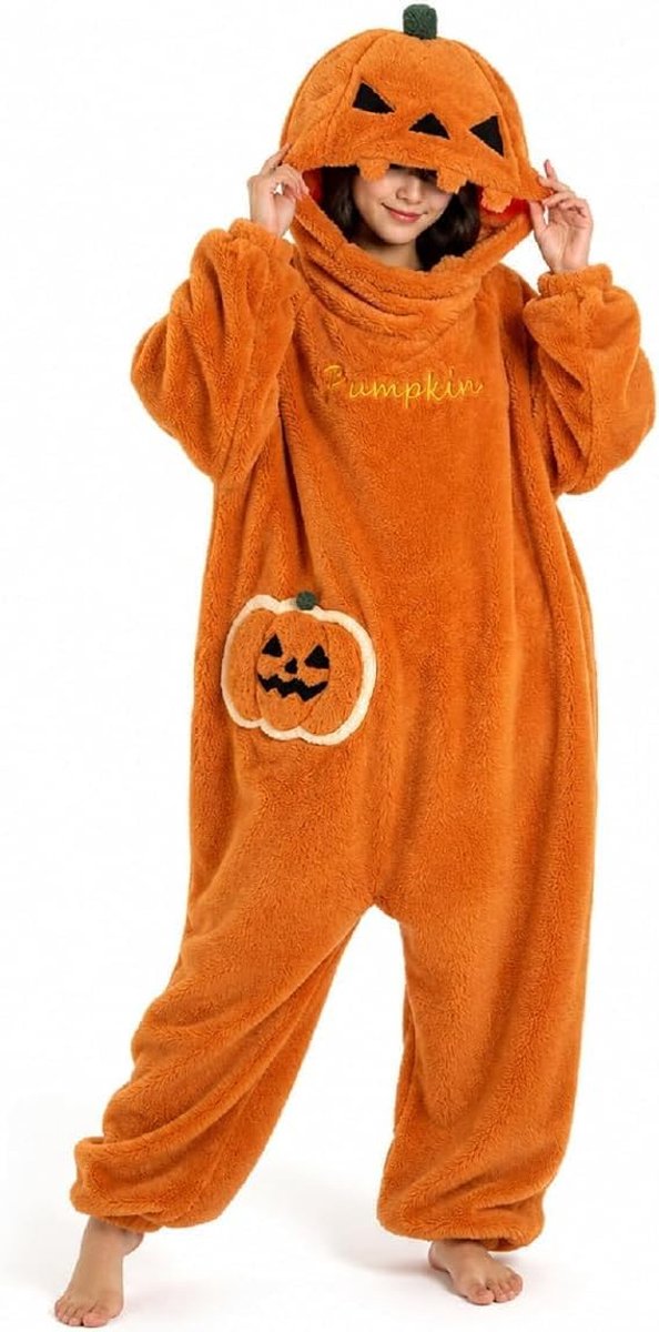 Onesie Pompoen. Unisex pyjama met capuchon fleece cosplay
