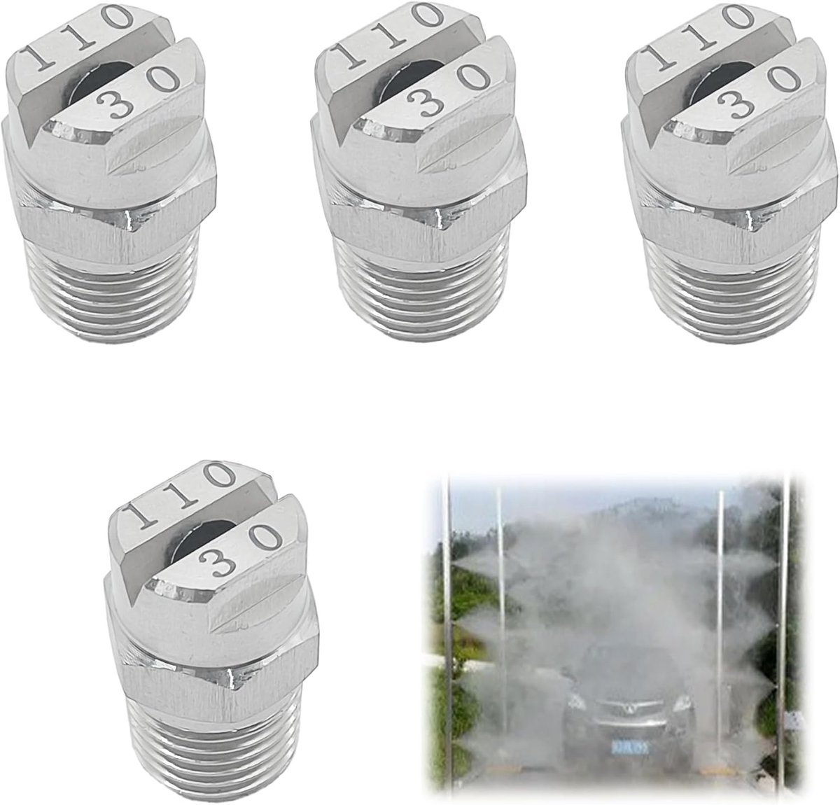 Dailygoods- Hogedruksproeimondstuk 110 Graden - 4 Stuks - 3,0 mm Opening - 1/4 BSPT Buitendraad - Roestvrij Staal - Ideaal voor Reinigen - Sproeimonds