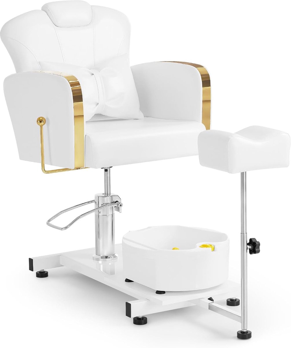 Pedicurestoel met voetenbad en kruk, kapperstoel verstelbaar en kantelbaar, voor nagelsalon retro F0371 (Goud-Wit)