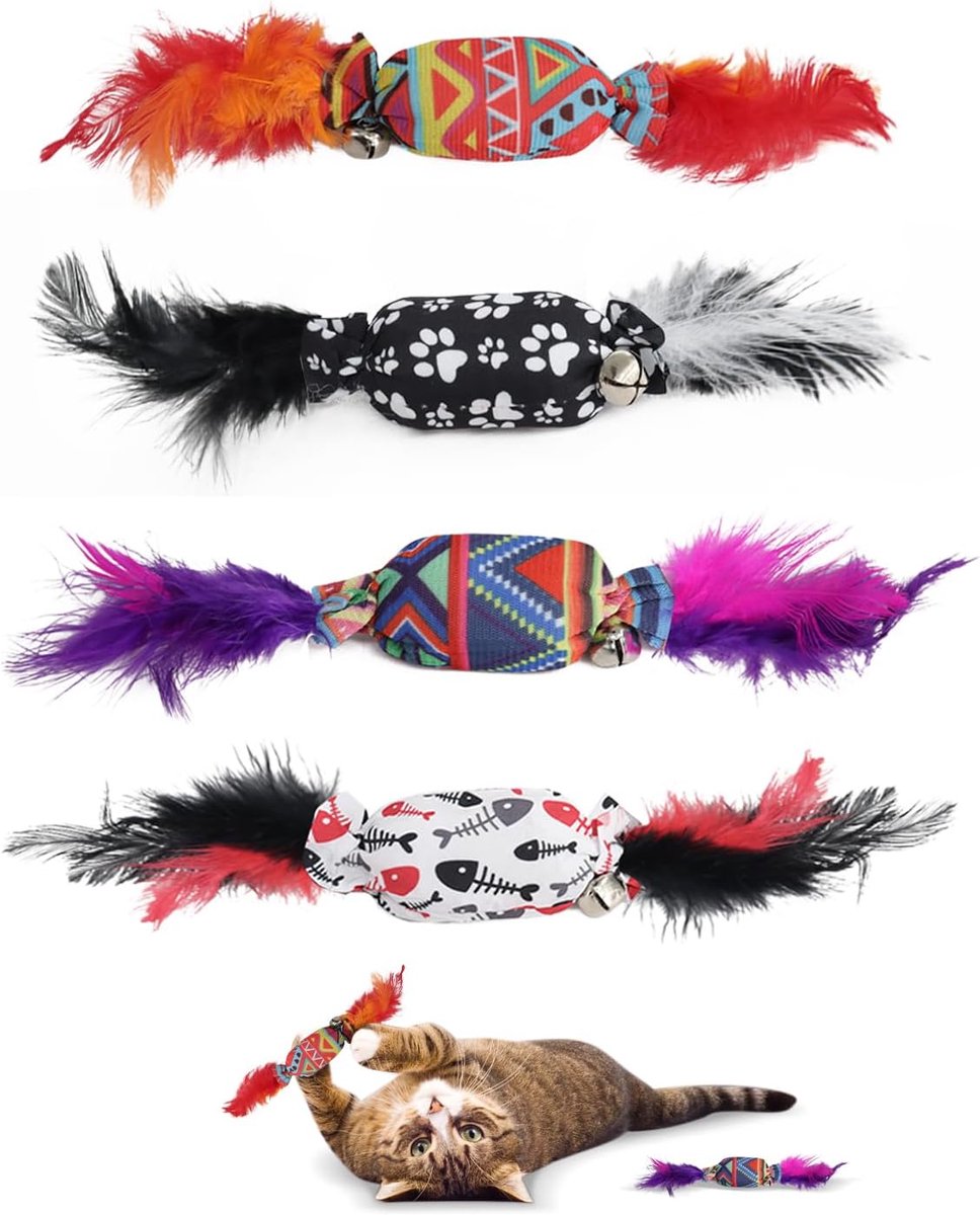 4 stuks speelgoed voor snoep, katten, interactief kattenspeelgoed met bellen en vouwpapier, kittenspeelgoed voor het verwijderen van saaie katten (4, rood, zwart, wit, paars)