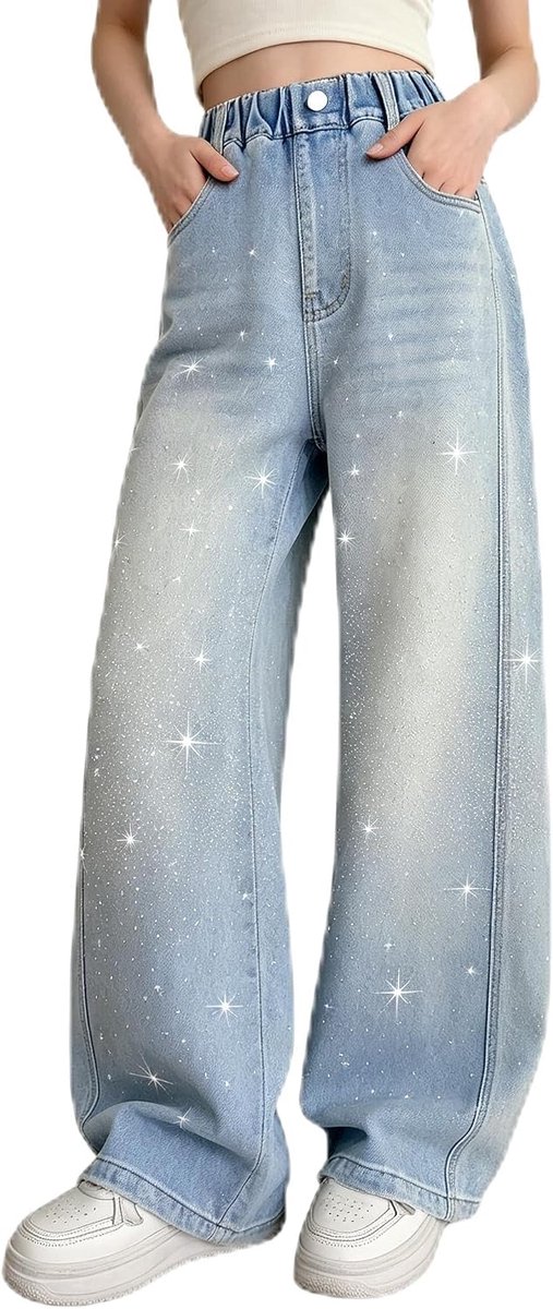Jeans voor meisjes, hoge taille, brede pijpen, denim, losse bootcut, voor kinderen van 6-15 jaar