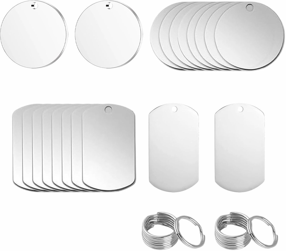 20 stuks roestvrijstalen hangers, blanco, rond, rechthoekig, onbewerkte hondentags met sleutelring, lege hangers voor doe-het-zelf hondenpenningen