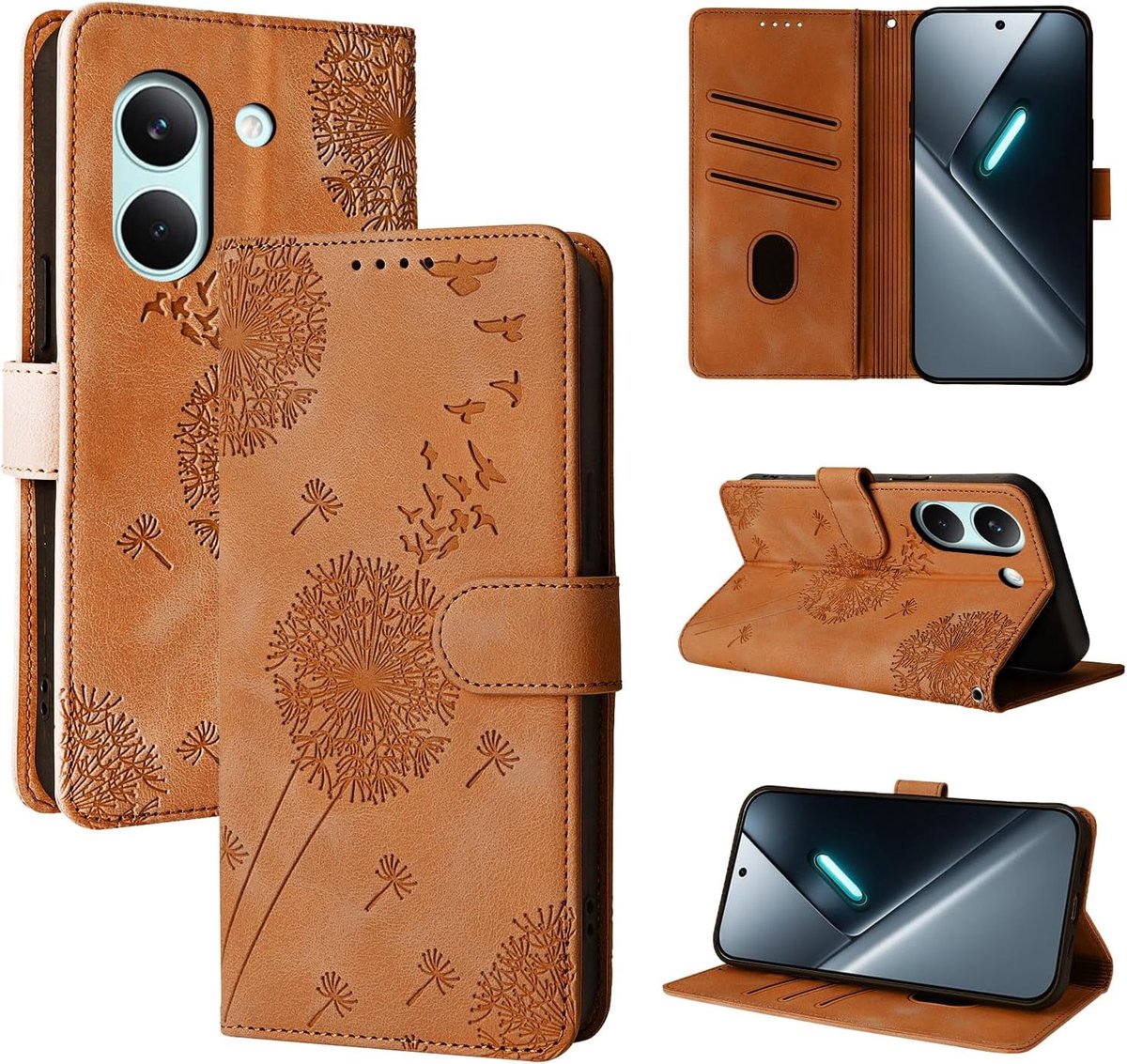 Telefoonhoesje voor Xiaomi Poco X8 Pro 5G, paardenbloem, PU-leer, flip case, portefeuille, kaartvakken, magnetische telefoonhoes voor Xiaomi Poco X8 Pro 5G, bruin