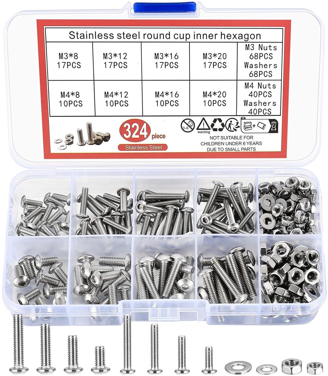 324 stuks Schroefset, M3 M4 Schroeven en Moeren en Ringen Assortiment Set, Lenskop Binnenzeskantschroeven, Draadschroeven Set met Moeren en Ringen
