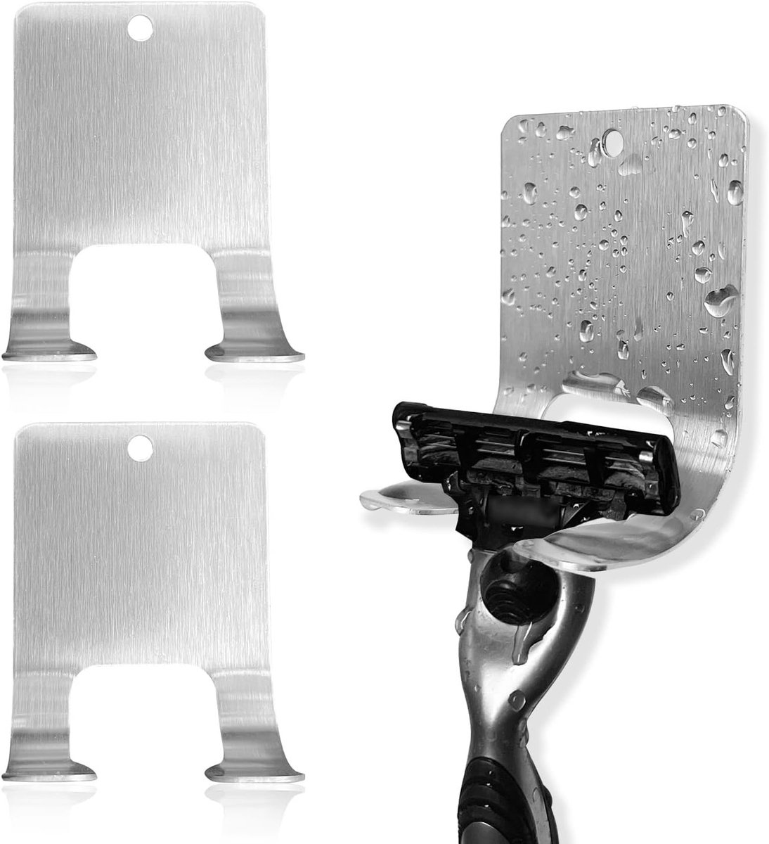 Scheerhouder | Haak Zonder Boren | Zelfklevende Scheerapparaathanger | Voor Badkamer, Toilet | Douche-Scheermeshouder | Waterdicht en Roestvrij | 2 Stuks | Zilver