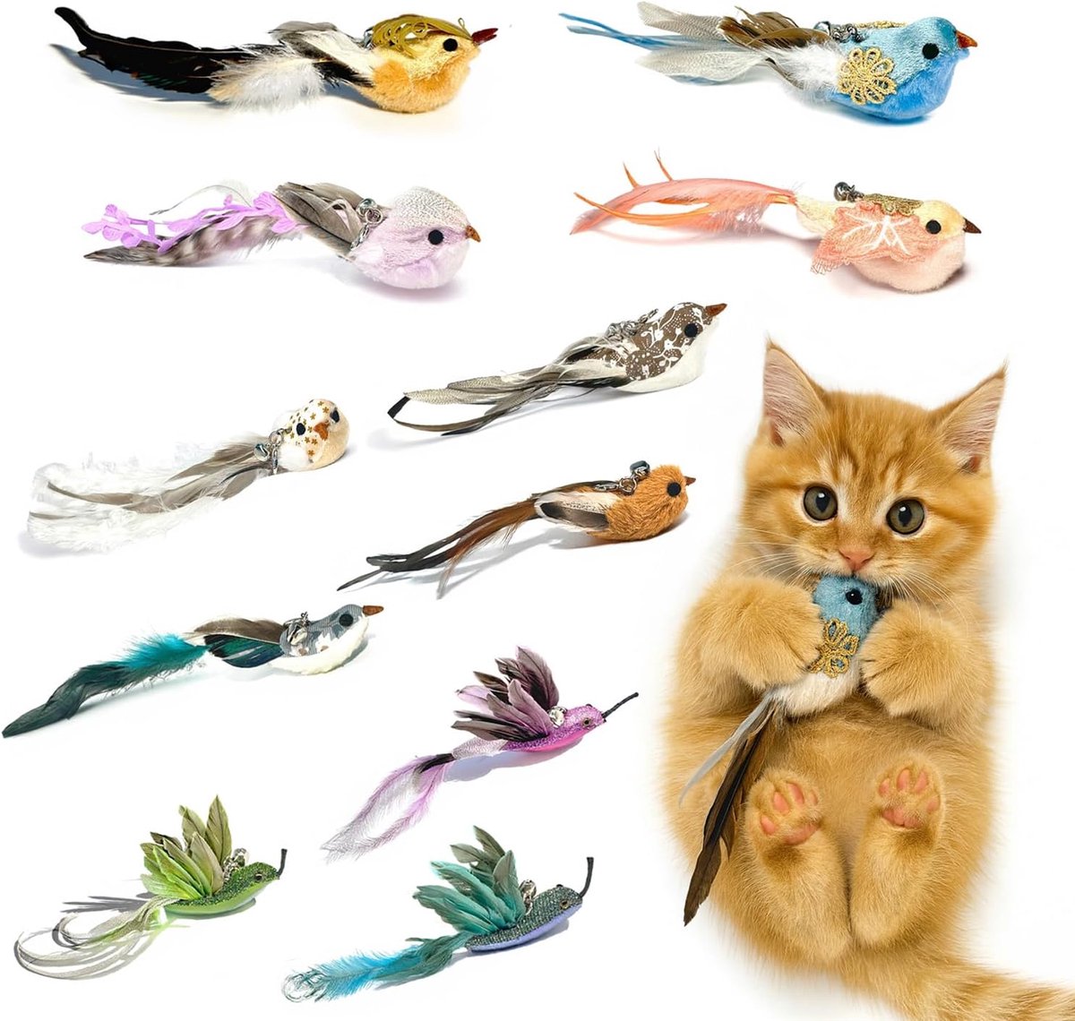 11 stuks kattenspeelgoed, vogelverenspeelgoed met bel, handgemaakte reservekoppen voor kattenhengel, interactief kattenspeelgoed, decoratieve hanger voor thuis en rugzak