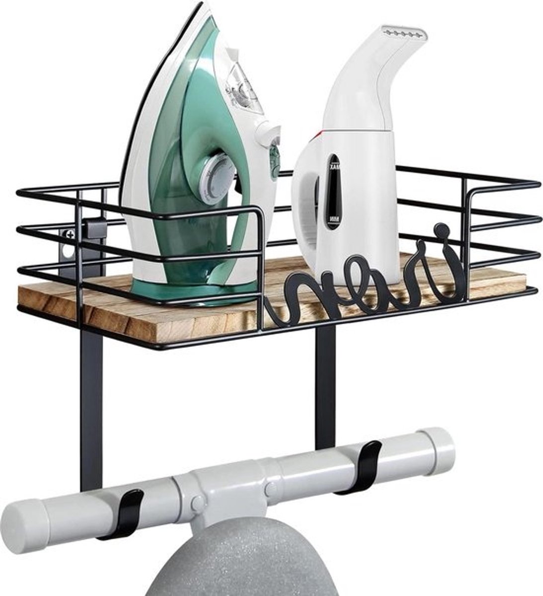 Strijkplank Hanger met Houten Basismand - Wasruimte Strijkplankhouder met Verwijderbare Haken Strijkplank