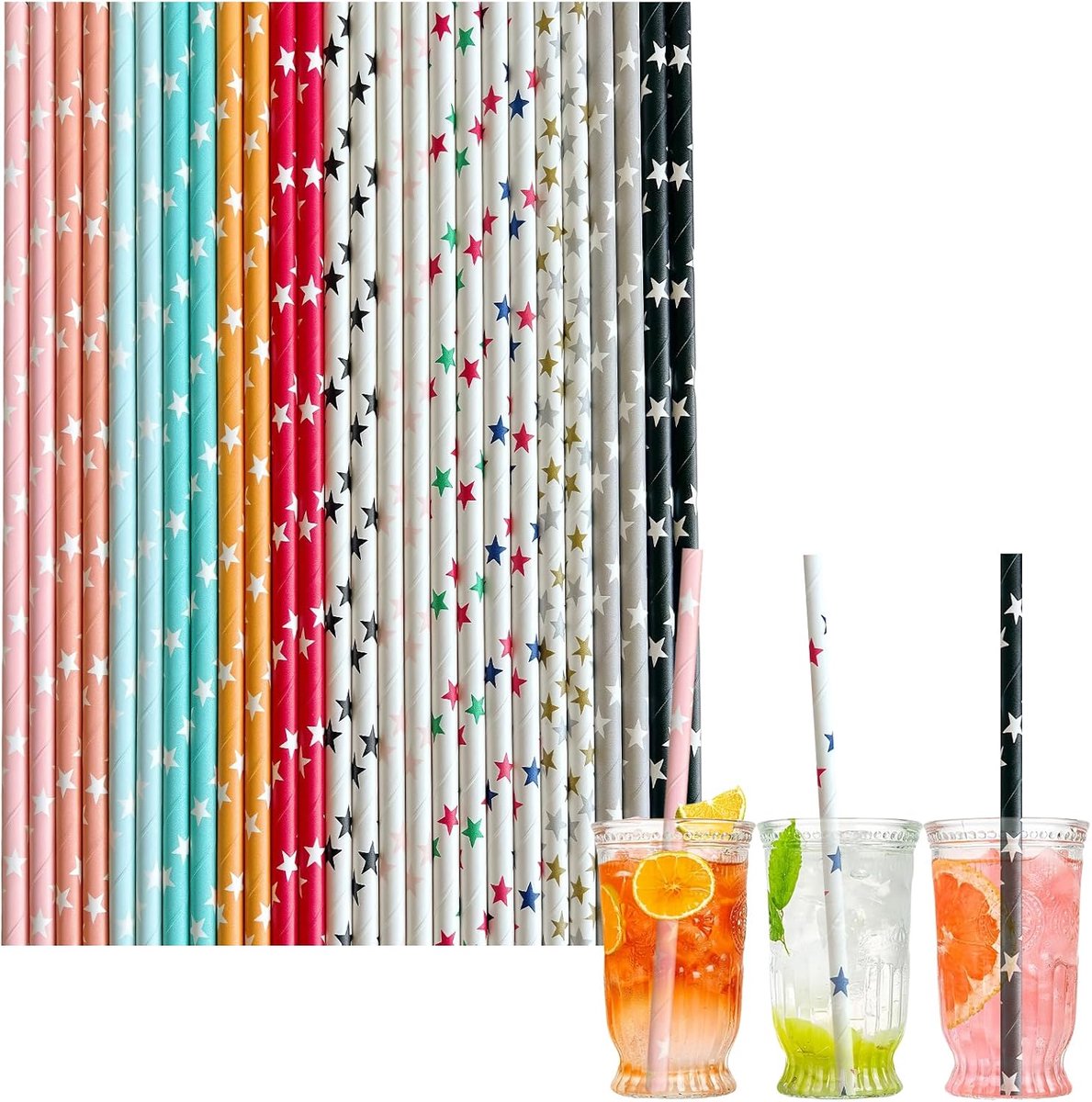 Rietjes, biologisch afbreekbare wegwerprietjes, ster gekleurd papier drinkrietjes, sap, koffie, koude cocktailrietjes voor verjaardag, bruiloft, bruid/babyshower