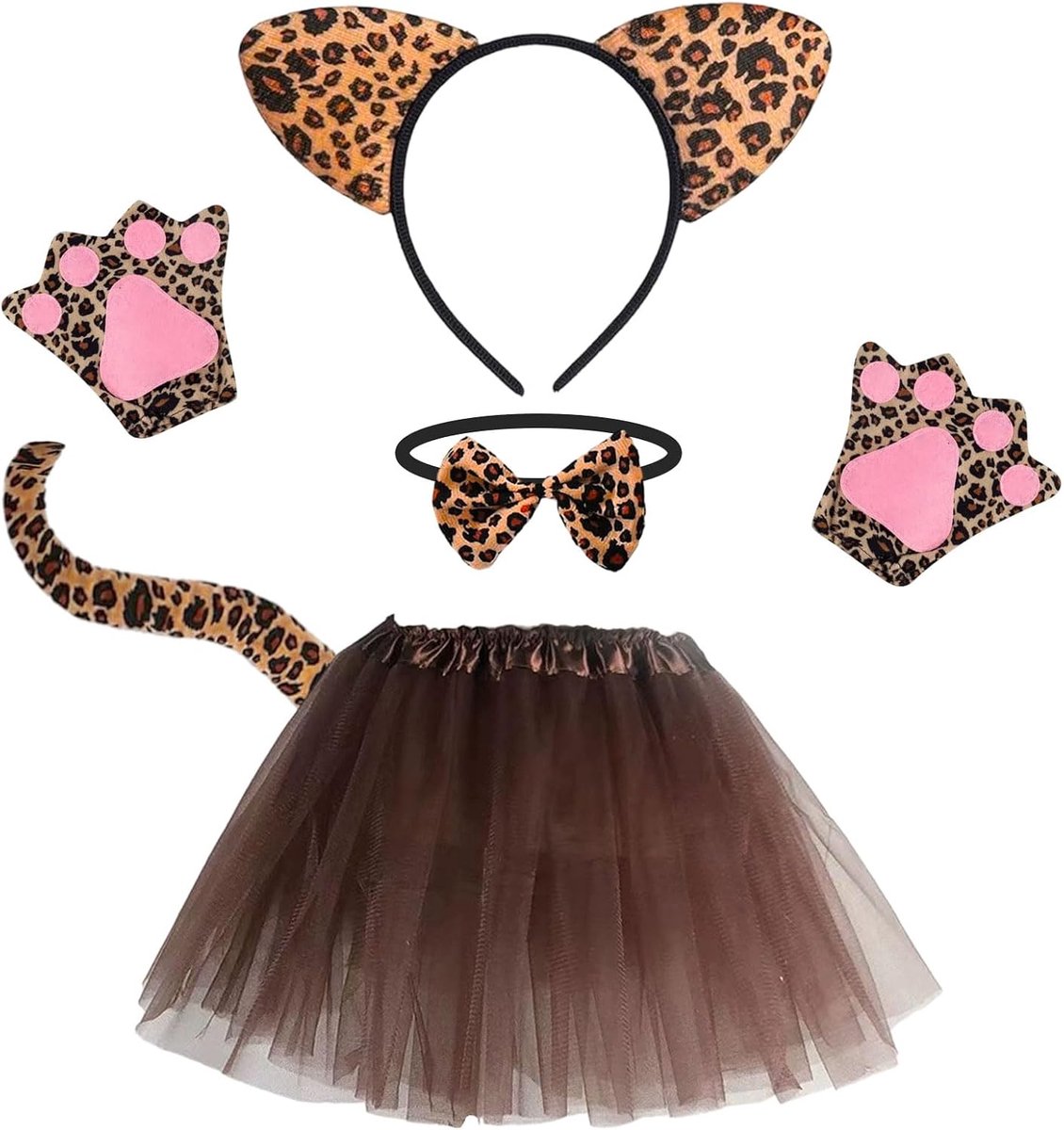 5-delige luipaardkostuumset, inclusief luipaardoortjes, hoofdband, staart, vlinderdas, tutu-rok en handschoenen, dierenkostuumset, accessoires voor carnaval, cosplay, Halloween, kerstfeest