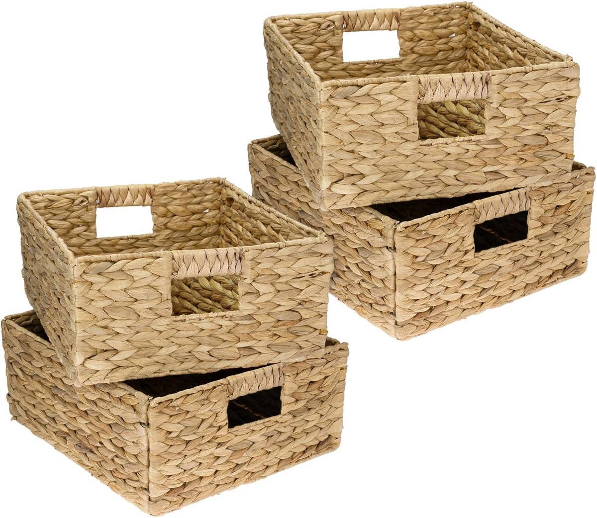 Opbergmand geschikt voor Kallax half vak, gevlochten van waterhyacint met handgrepen, set van 4, 30 x 34 x 15 cm, naturel