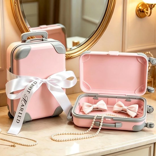 Koffer geschenkdoos bruiloft - geldgeschenk bruidspaar, 3-delig roze - Met 4 groene bruiloftsstickers en lint, ideaal voor geldgeschenken, reiskassa, huwelijksreis en Just Married decoratie van koffer — afbeelding 3