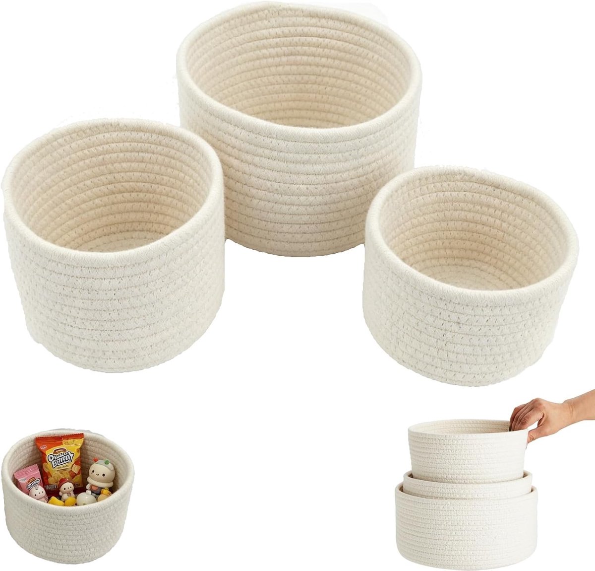 3 stuks gevlochten opbergmanden, stapelbaar, gevlochten katoen, opbergmand, decoratie, organisatie van speelgoed, voor slaapkamer, woonkamer, kantoor