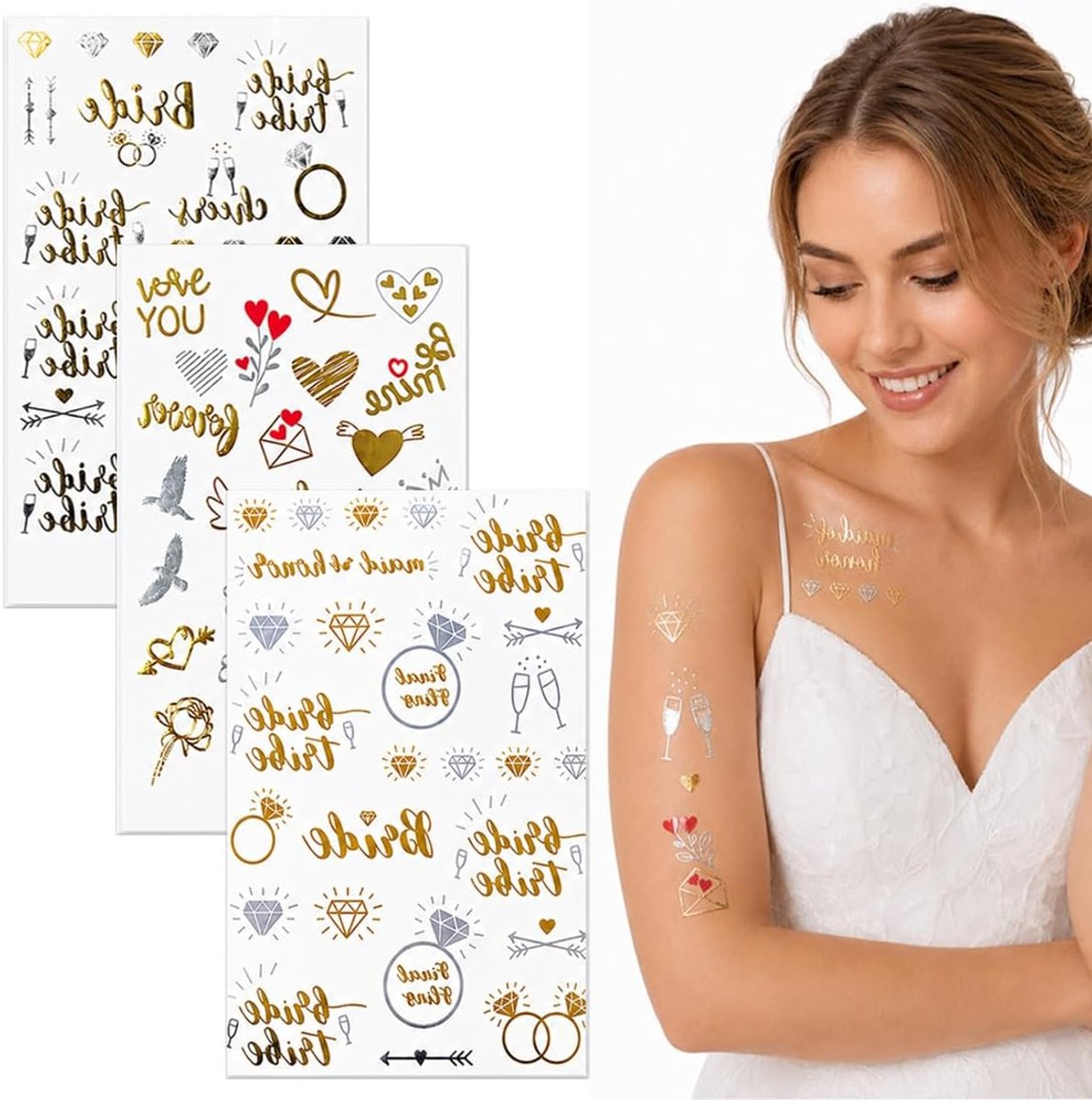 Tijdelijke tatoeages voor vrijgezellenfeest, bruid-teamdecoraties, 3 vellen in goud + zilver