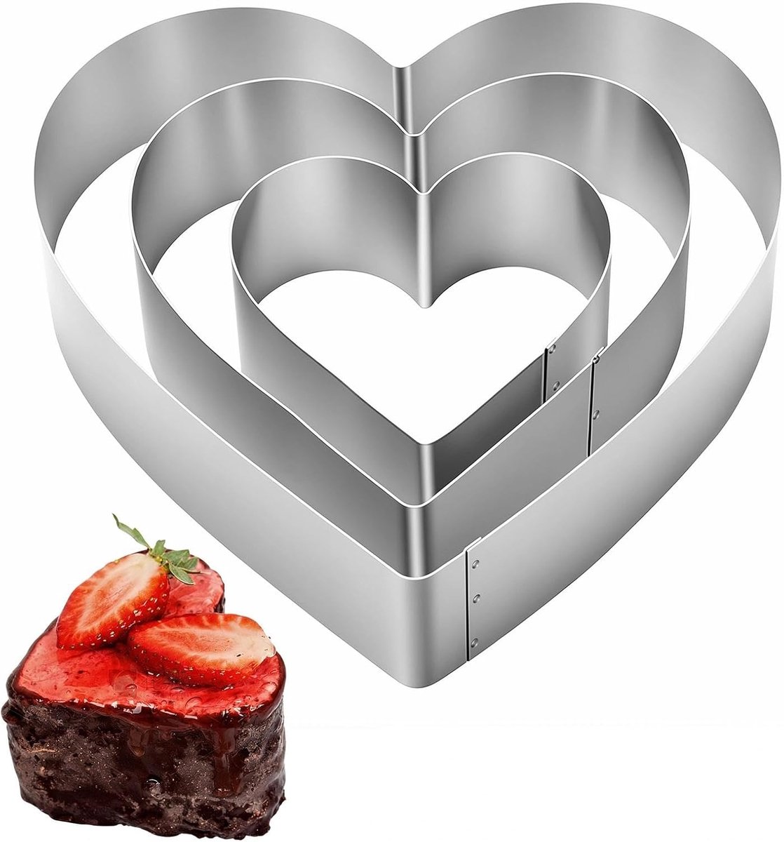 3 stuks hartvormige bakvormen 10/15/20 cm taartring hartvorm van roestvrij staal bakframe hart geschikt voor cake, mousse, gebak, dessert, koekjes, hoog 4,5 cm (zilver)