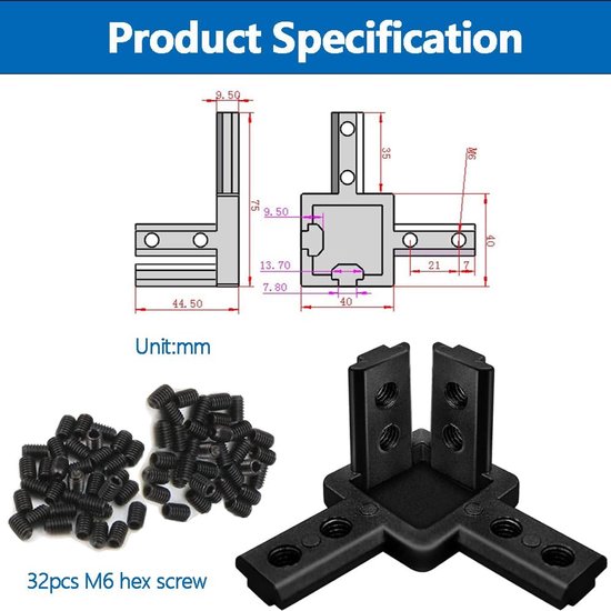 3-weg hoekverbinder voor 40x40 aluminium extrusieprofiel, zilver, Europese standaard, set van 4 met schroeven (zwart, 4 stuks) — afbeelding 5