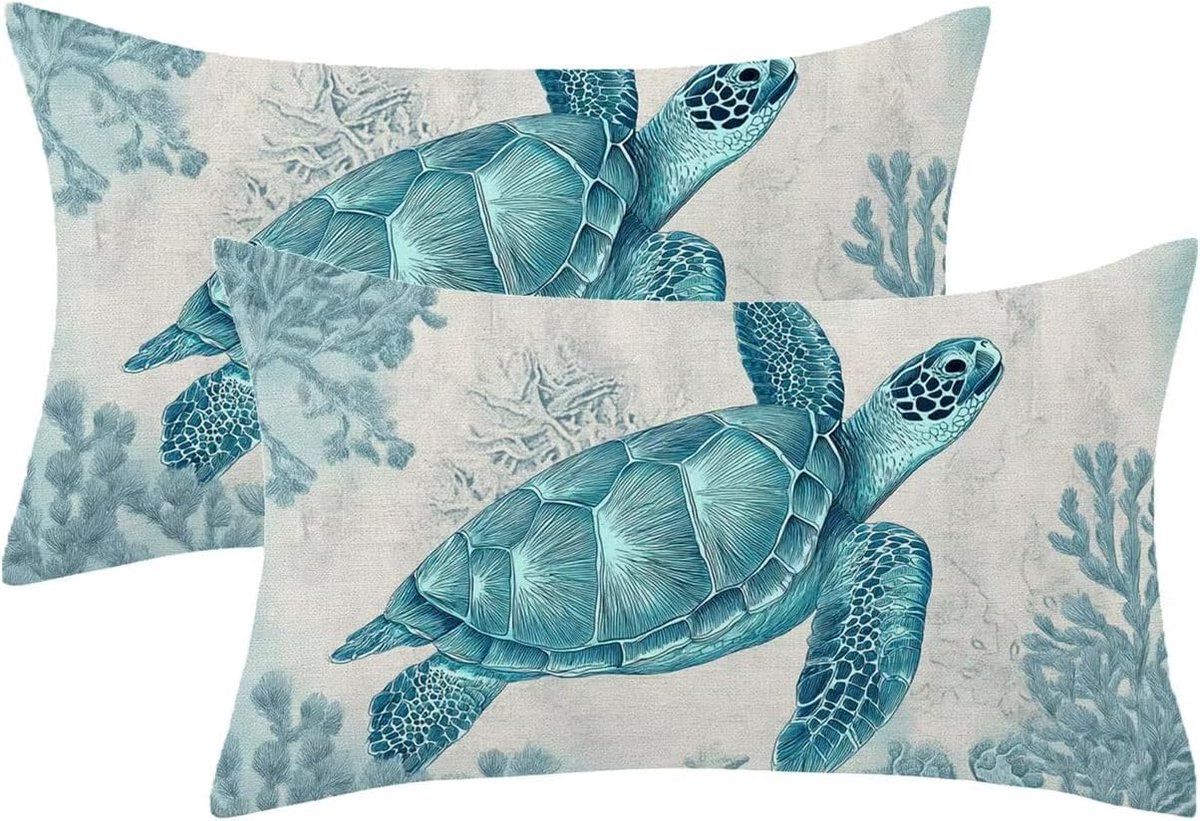 50 x 70 cm, 2 stuks, blauw, eendenei, kussensloop, zeeschildpadden, decoratief, kussensloop, dubbelzijdig, bedrukt, met onzichtbare ritssluiting, waterdicht, fluweel materiaal, -851p