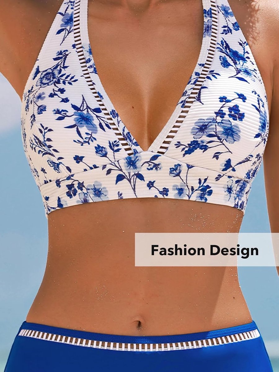 Sets Tweedelig Badpak Hoge Taille Halter Terug Self Tie V-hals Getextureerde Hollow Out
