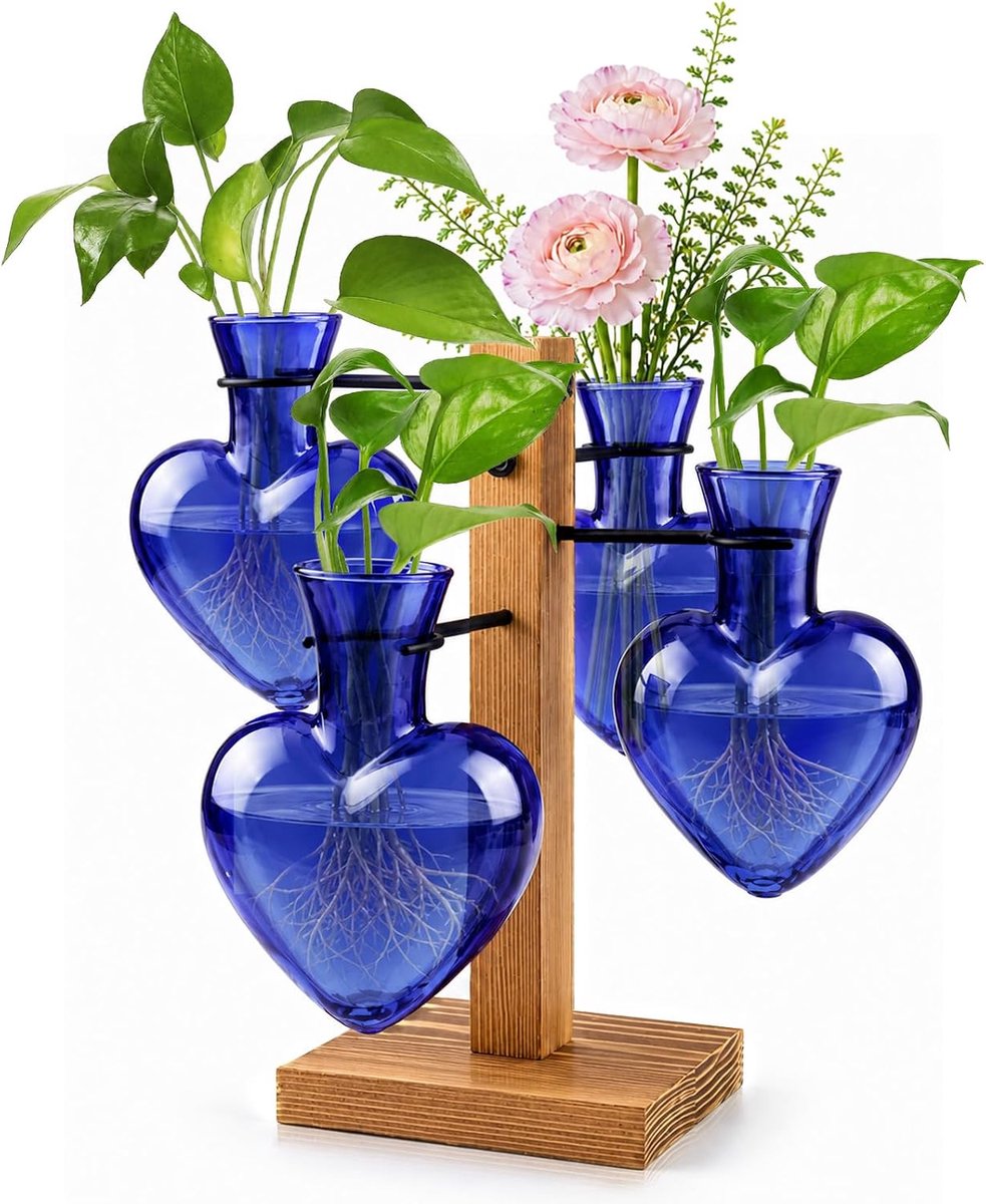 Stekstation met Houten Standaard Glazen Vazen, Blauw